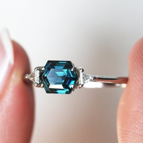 Blue Sapphire & Diamond Ring Hexagon Engagement Ring Peacock - Etsy