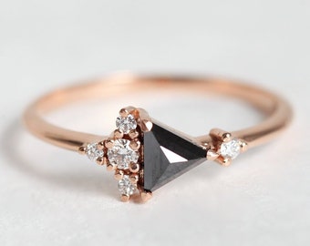 Black Diamond Cluster Ring, Rose Gold Triangle Diamond Ring, Rose Cut Black Diamond Ring in 14k or 18k Solid Gold