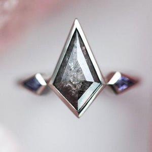 Kite salt and pepper diamond ring with side kite tanzanites, Unique salt pepper diamond engagement ring