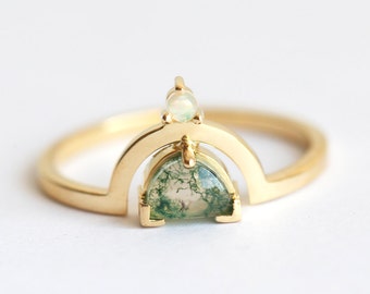 Green moss agate ring, Unique engagement ring, Opal ring, Half moon ring, Healing gemstone ring