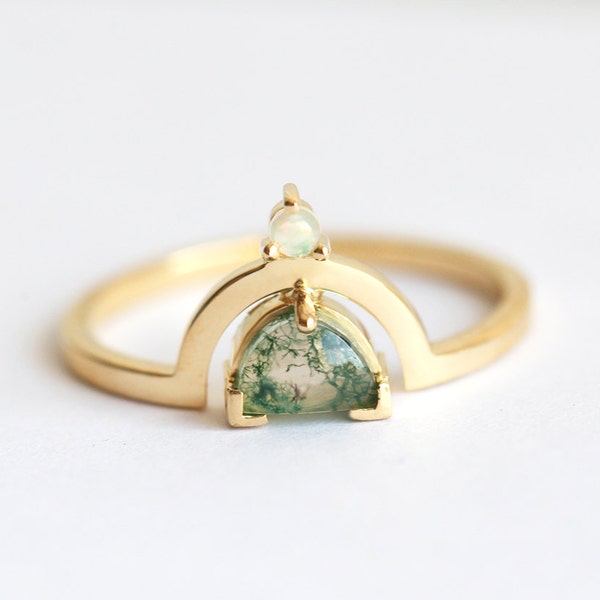 Green moss agate ring, Unique engagement ring, Opal ring, Half moon ring, Healing gemstone ring