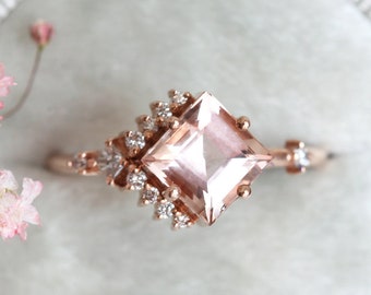 Princess Morganite Engagement Ring, Diamond and Morganite Ring, Cluster Engagement Ring with Morganite, Square Morganite Ring