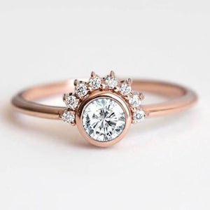 Round Diamond Ring with Half Halo Diamonds, 18k Yellow Gold Diamond Engagement Ring