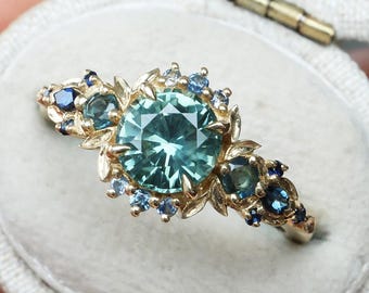 Mint sapphire ring, fairy sapphire engagement ring whimsical floral engagement