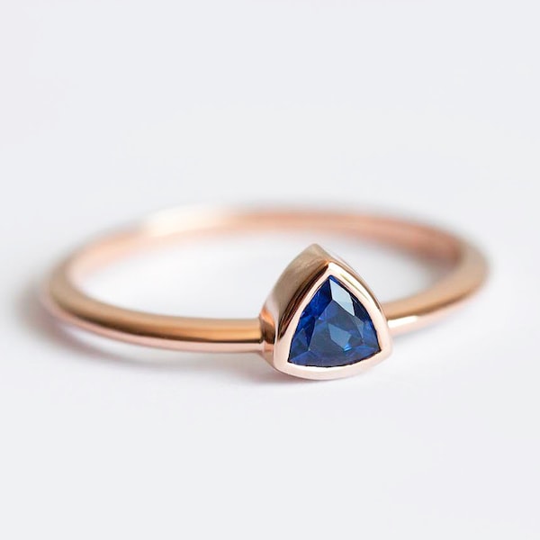 Blue Sapphire Ring in 14k or 18k Solid Gold with Bezel Set Trillion Stone, Engagement Solitaire For Her