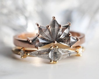 Unique salt and pepper diamond ring set, kite diamond ring set, Diamond engagement ring