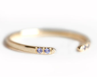 Open Ring with tanzanites, 14k Gold Band with opening, Midi Knuckle ring Stacking