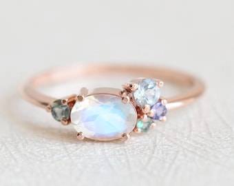 Oval Moonstone Cluster Ring, Sapphire Engagement Ring in 14k or 18k Solid Gold