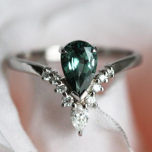 Green Pear Sapphire Engagement Ring, V Diamond Sapphire Ring in White Gold, Teal Engagement Ring