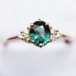 1.5ct Blue green sapphire cluster ring, teal sapphire engagement ring, unique diamond cluster sapphire ring