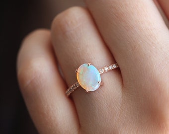 Opal engagement ring, Australian fire opal & diamond ring, Simple oval gemstone ring