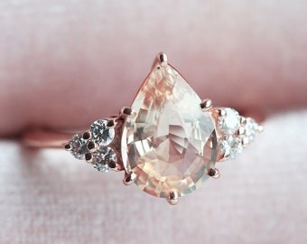 Pastel peach sapphire ring, Diamond sapphire engagement ring, Sapphire diamond ring, pear shaped engagement ring