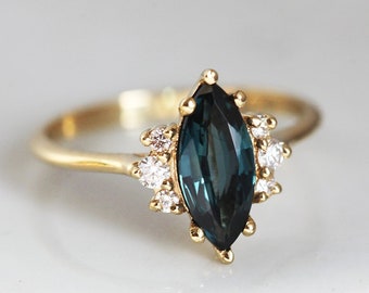 Deep Teal Sapphire Ring, Blue Green Sapphire Engagement Ring Yellow Gold, Sapphire and Diamond Ring