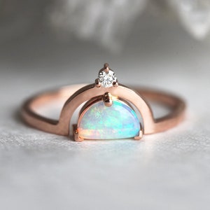 Unique Australian Opal Ring Rose Gold, Half Moon Engagement Ring, Healing Chakra Ring, Unique Modern Diamond Ring