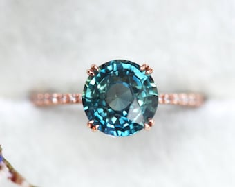 Peacock Round Sapphire Engagement Ring, Blue Green Sapphire Diamond Ring Pave Diamond Band, Big Blue Sapphire Ring by Minimalvs