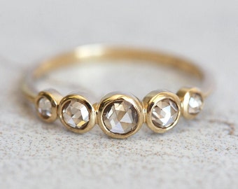 Champagne Diamond Ring, Champagne Diamond Band Five Diamond Engagement Ring with Rose Cut diamonds