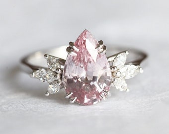 Peach sapphire engagement ring, Peach engagement diamond ring, Sapphire ring with side diamonds