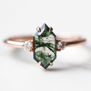 Moss agate & diamond engagement ring, Unique mossy ring, Alternative green gemstone ring