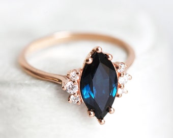 Blue sapphire diamond ring, Marquise engagement ring, Dark sapphire wedding ring, Rose gold ring