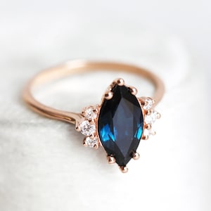 Blue sapphire diamond ring, Marquise engagement ring, Dark sapphire wedding ring, Rose gold ring