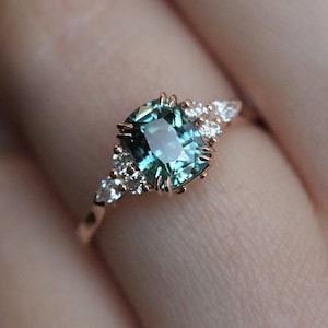 Mint Green Sapphire Ring, Cushion Sapphire Diamond Ring, Seafoam Green Sapphire Engagement Ring, 14k 18k