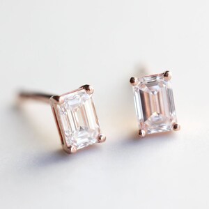 Emerald cut diamond earrings, Diamond Stud Earrings, Emerald Diamond Earrings, Rose Gold Diamond Studs, Everyday diamond earrings image 2