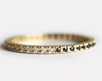 Black White Diamond Eternity Ring, Pave Diamond Wedding Band, Unique Wedding Ring