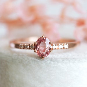 Padparadscha Sapphire Ring Rose Gold, Peach Sapphire Ring With Diamonds, Simple Sapphire Ring image 3