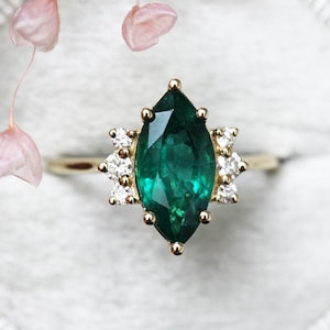Genuine Emerald Ring, Diamond Emerald Engagement Ring, Emerald Diamond Ring, Yellow Gold Natural Emerald Marquise Cut