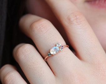 Rose Gold Moonstone Ring, Cluster Engagement Ring with Moonstone, Sapphire, Tanzanite, Perfect Birthstone Ring