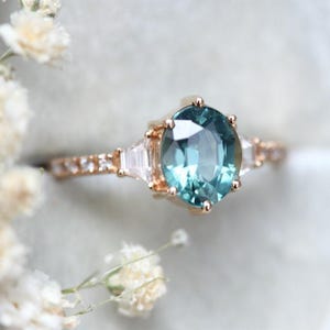 Mint Sapphire Engagement Ring, Oval Blue Green Sapphire Diamond Ring, Tapered Baguette Diamond band, Unique Oval Sapphire Ring