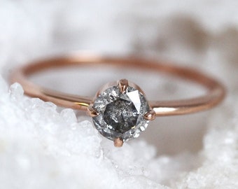 Solitaire Salt Pepper Diamond Ring, Round Grey Diamond Ring Rose Gold, Round Solitaire Diamond Ring