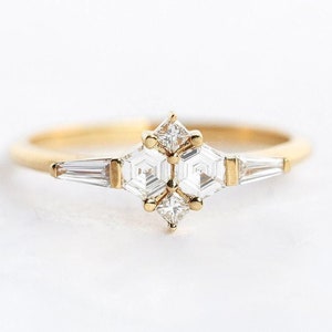 Diamond cluster ring, Hexagon diamond ring with side baguette diamonds image 1