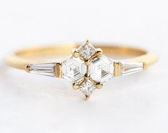 Diamond cluster ring, Hexagon diamond ring with side baguette diamonds