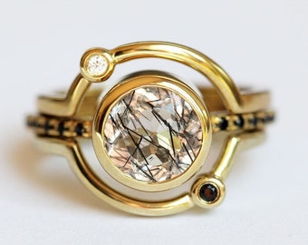 Anneau de planète, anneau de Saturne, ensemble d'anneau de Dainty d'or, ensemble d'anneau de déclaration, anneau céleste à la mode, anneau noir de quartz