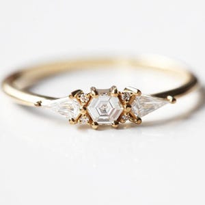 Hexagon diamond cluster ring, Art deco diamond engagement ring, Unique diamond ring with kite diamonds