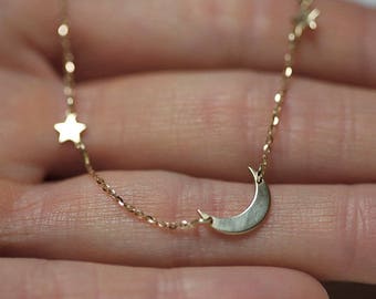 Crescent Moon Necklace, 14k Gold Mom Necklace, 18k Mother Necklace, Star Necklace, Everyday Layering Necklace, Anniversary Necklace