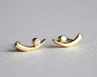 Dainty diamond earrings, Second hole earrings, Gold curved bar earrings, Delicate stud earrings