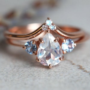 Moonstone Engagement Ring with Moonstone Wedding Band, Matching Moonstone and Sapphire Ring Set, Pear Moonstone Ring