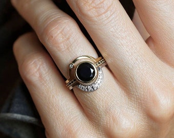 Alternative engagement ring set, Onyx moon eclipse ring, Unique black diamond ring