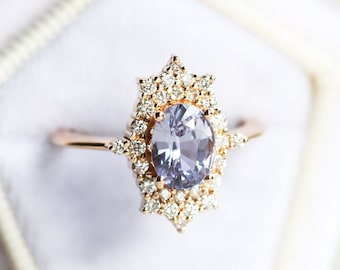 Lavender sapphire ring, Unique sapphire diamond engagement ring Vintage style, Halo diamond ring