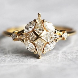 Einzigartiger Diamant-Verlobungsring, geometrischer Diamantclusterring, 18k Diamantring