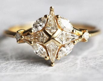 Unique diamond engagement ring, Geometric diamond cluster ring, 18k diamond ring