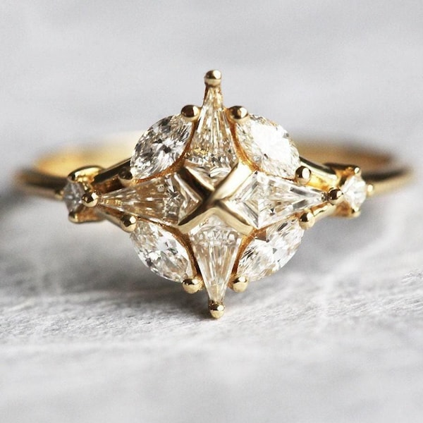 Einzigartiger Diamant-Verlobungsring, geometrischer Diamantclusterring, 18k Diamantring