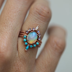 Ocean Ring Set, Engagement Ring Set with Oval Australian Fire Opal, Moonstone, Diamond & Turquoise Curved Band Rings, Bridal or Wedding Set