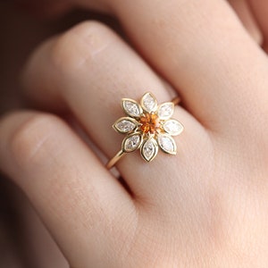 Flower Engagement Ring with Sapphire & Diamonds, 14k or 18k Solid Gold