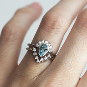 Halo Aquamarine Engagement Ring with V Diamond Band, Blue Aquamarine Diamond Ring, March Ring, Diamond Aquamarine Wedding Set