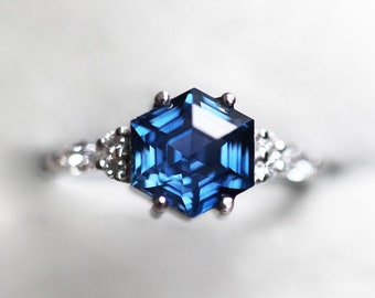 Hexagon sapphire engagement ring, Unique sapphire ring, Hexagon engagement ring, Blue sapphire diamond ring