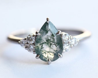 Moss agate & diamond ring, Pear mossy agate engagement ring, Organic gemstone ring, Pear shaped agate ring