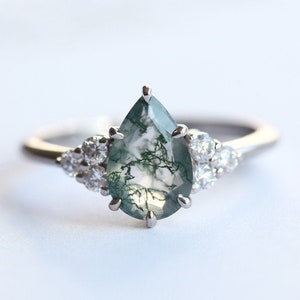 Moss agate & diamond ring, Pear mossy agate engagement ring, Organic gemstone ring, Pear shaped agate ring